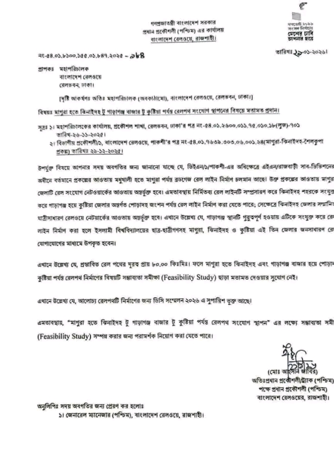 ঢাকা–মাগুরা–ঝিনাইদহ হয়ে ইসলামী বিশ্ববিদ্যালয়–পোড়াদহ পর্যন্ত নতুন রেলপথ: প্রাথমিক ধাপ উত্তীর্ণ